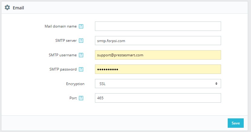 Email configuration SMTP settings in Prestashop 1.7